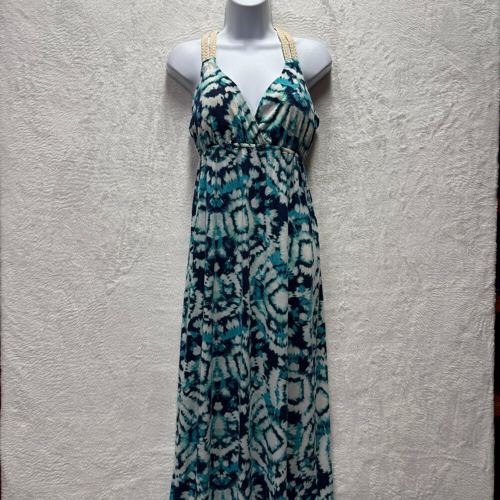 Hippie Rose Tie Dye Long Dress Medium Blue Braided Strap Caribbean Beach Natural